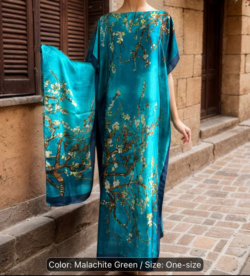 A Plus-Size Long Malachite Green  Floral Print Dress with a Scarf