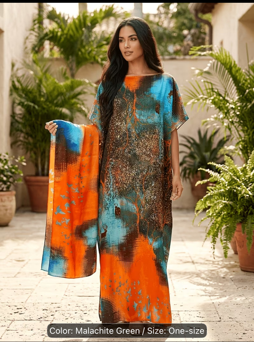 An Elegant Floral Printed long dress with scarf for Women