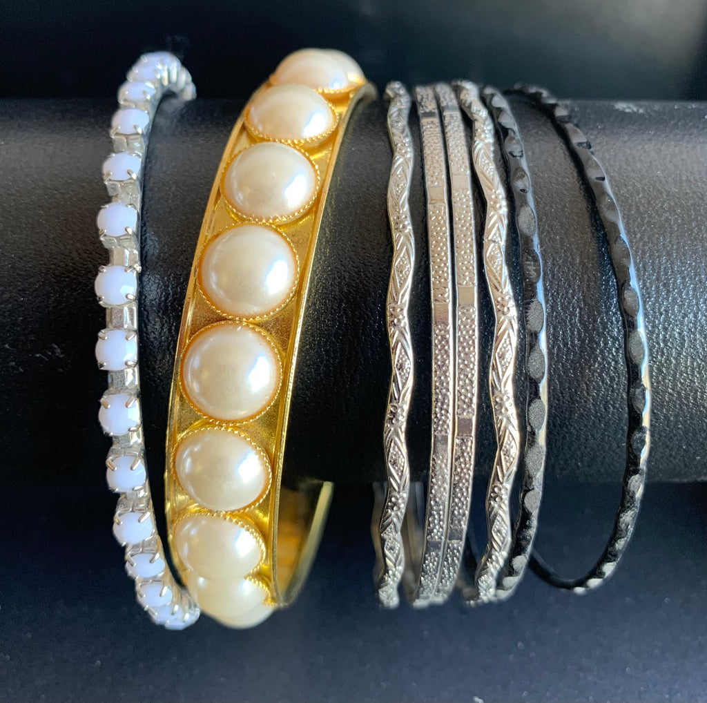 Habesha Bracelet Stack – Pearl, Crystal & Silver Bangles