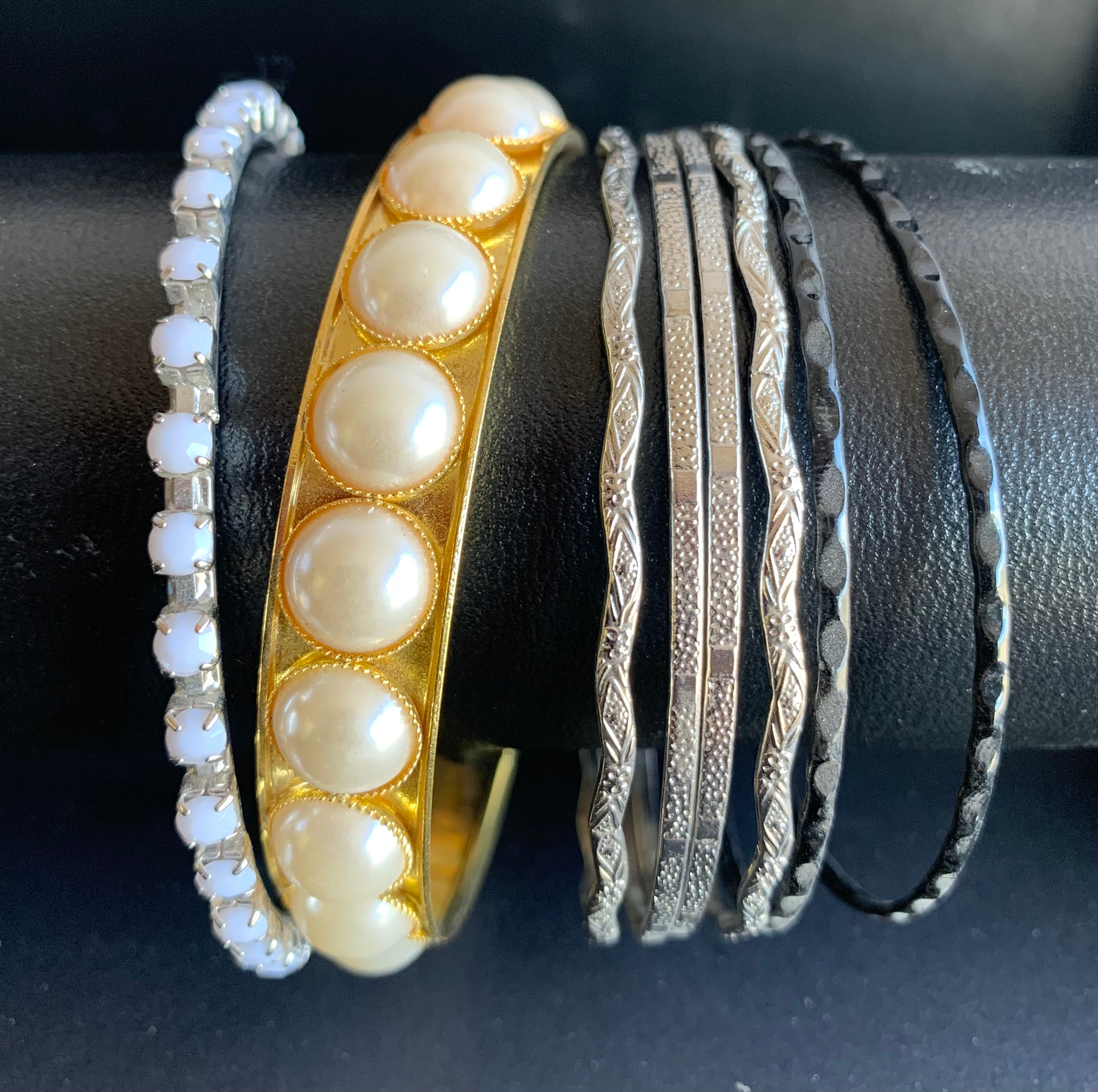 Habesha Bracelet Stack – Pearl, Crystal & Silver Bangles