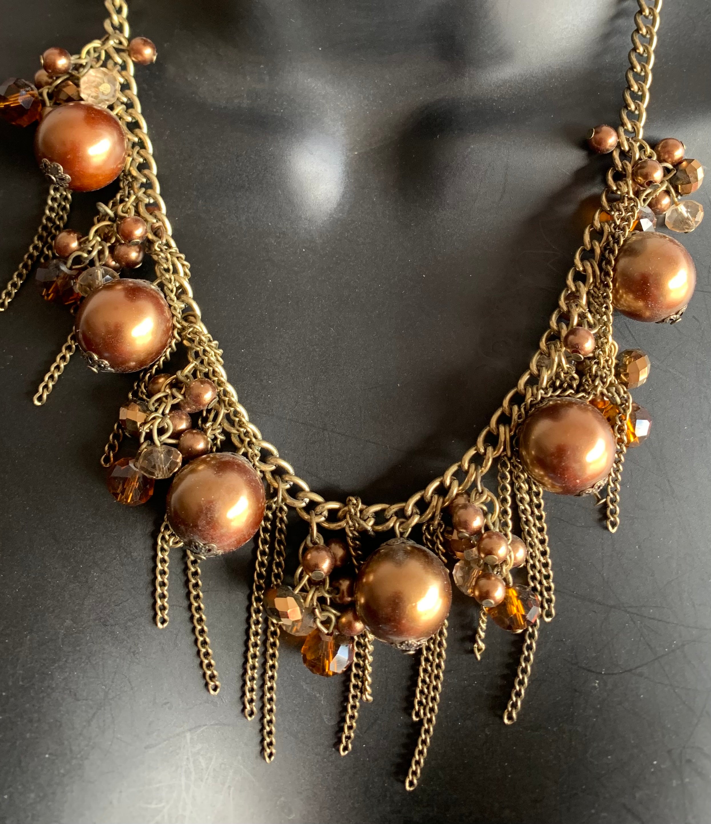 Bronze Pearl & Crystal Chain Fringe Necklace