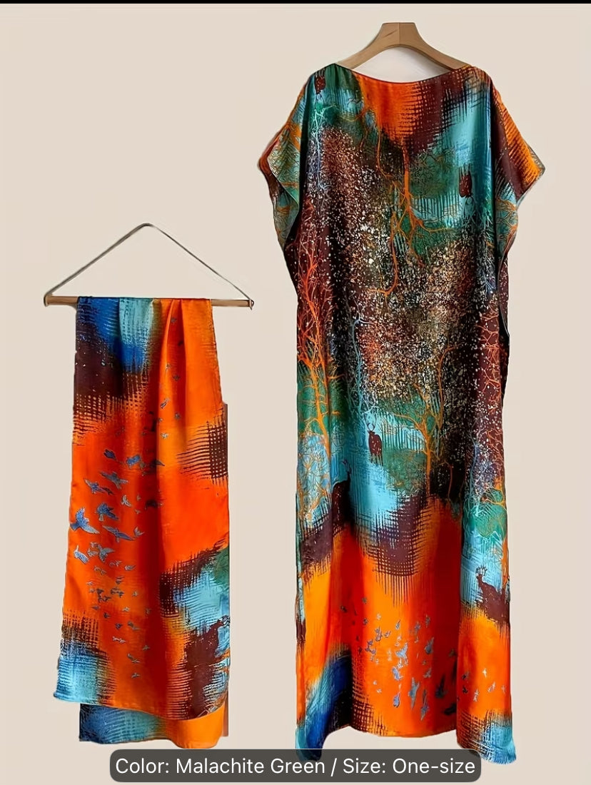 An Elegant Floral Printed long dress with scarf for Women