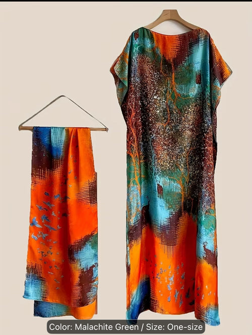 An Elegant Floral Printed long dress with scarf for Women