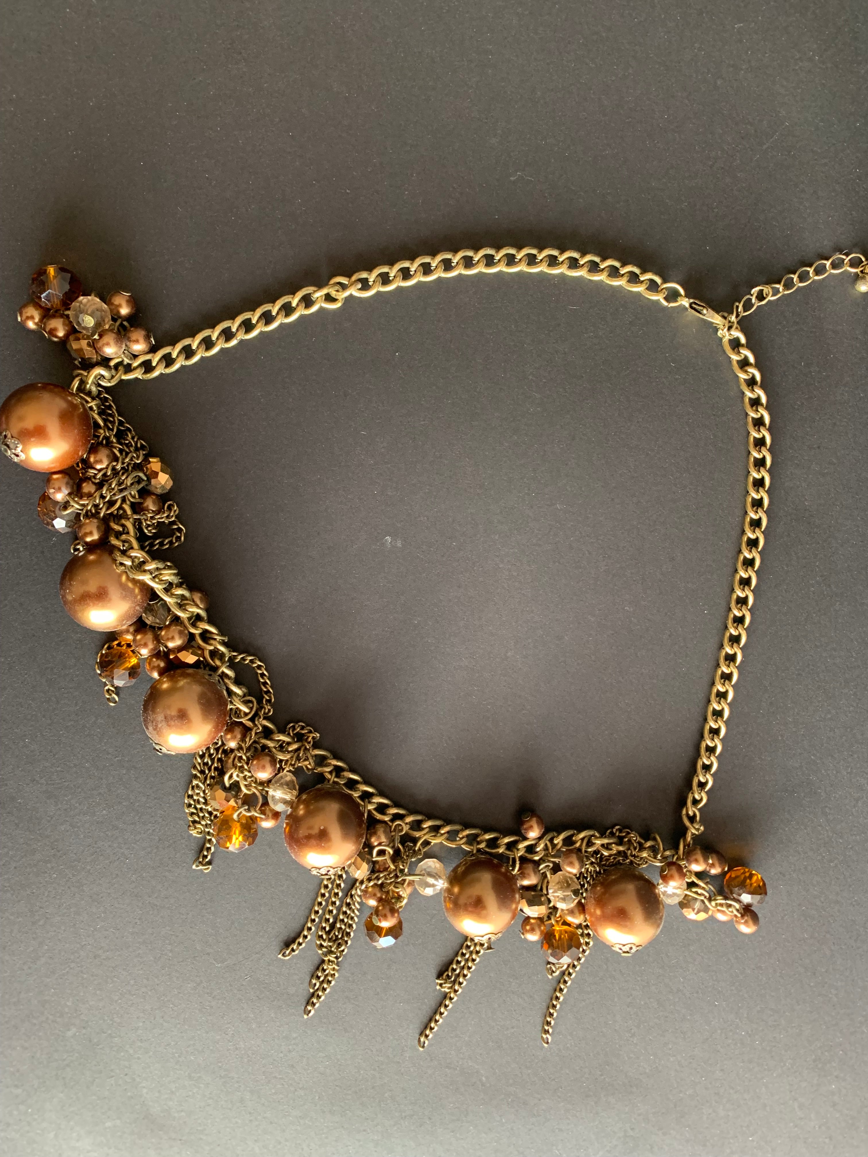 Bronze Pearl & Crystal Chain Fringe Necklace