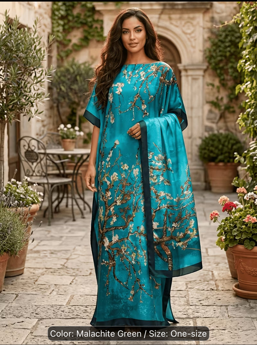 A Plus-Size Long Malachite Green  Floral Print Dress with a Scarf