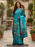 A Plus-Size Long Malachite Green  Floral Print Dress with a Scarf