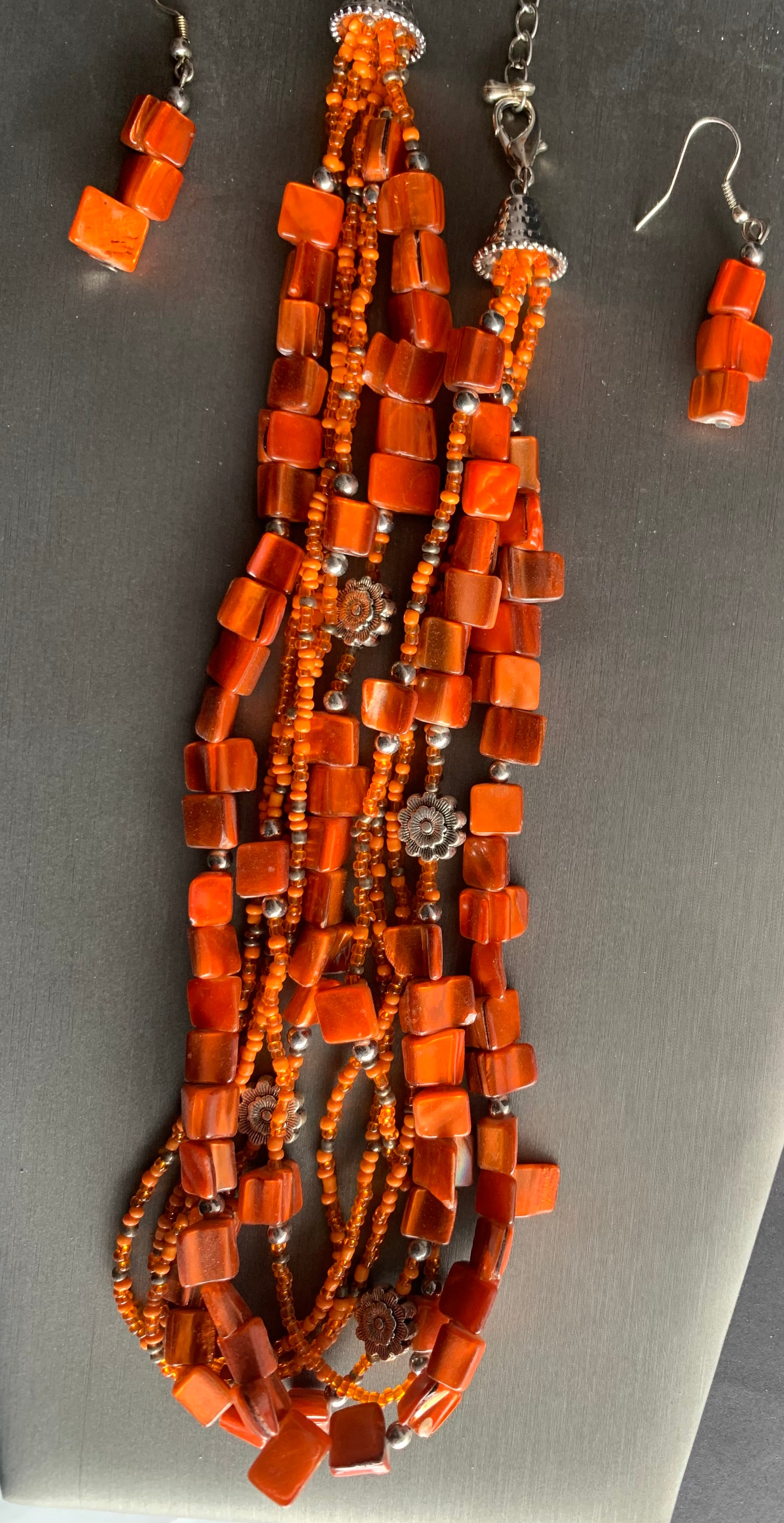 Orange Coral Multi-Strand Necklace & Earring Set