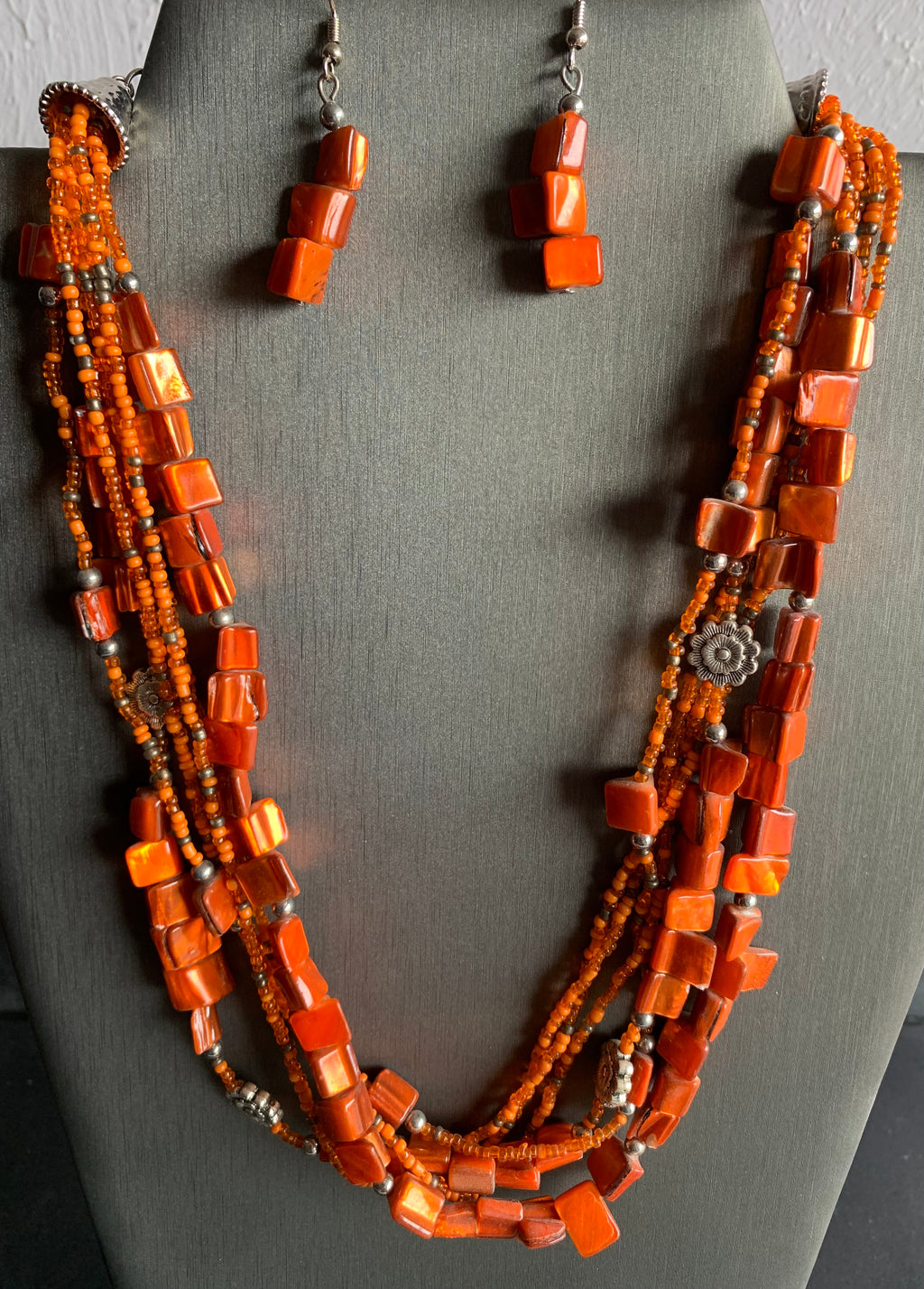 Orange Coral Multi-Strand Necklace & Earring Set