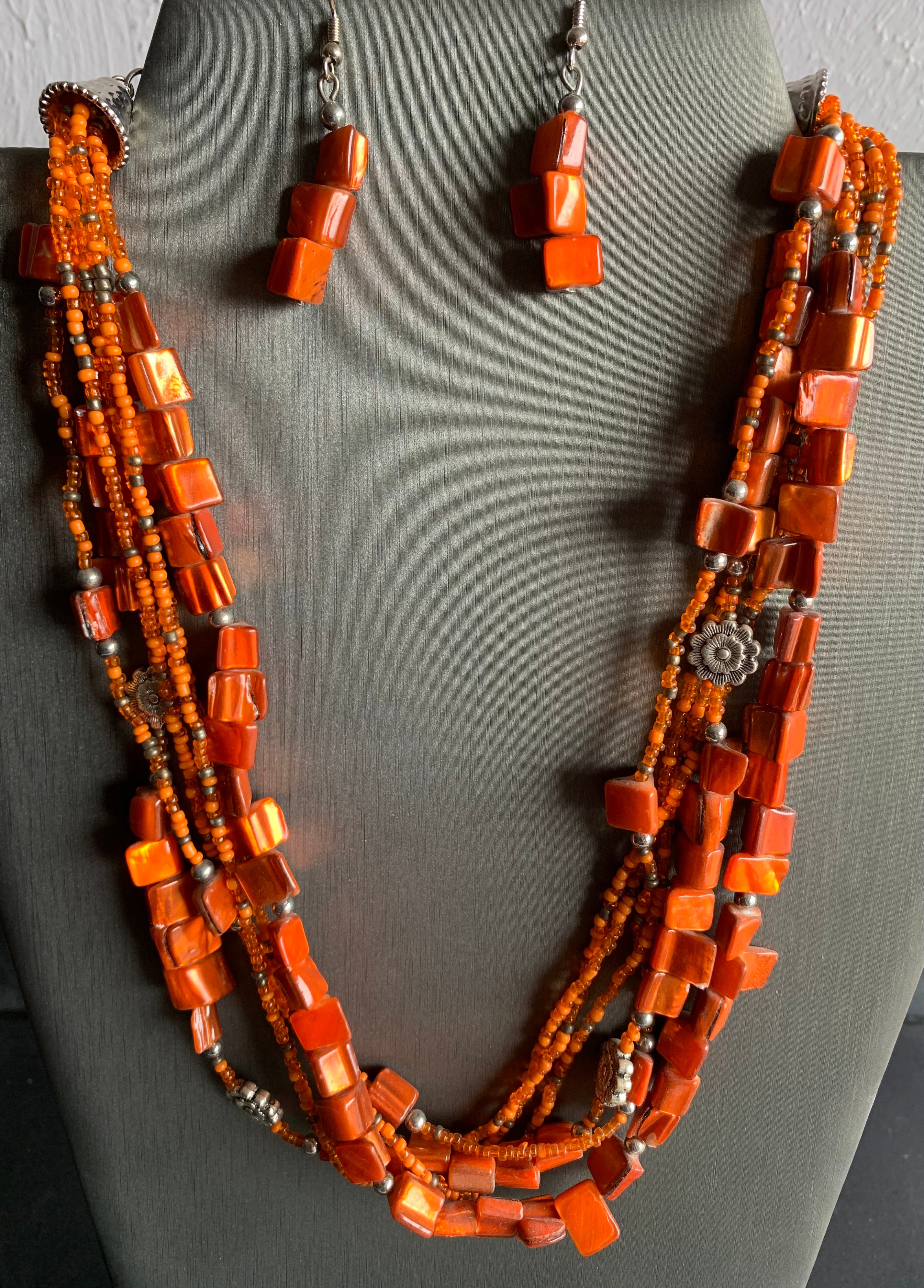Orange Coral Multi-Strand Necklace & Earring Set