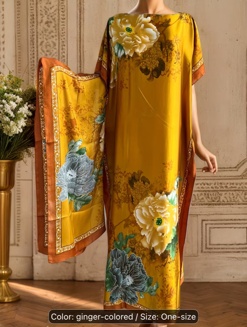 Plus Size Long Floral Print Dress with Scarf – Yellow Tulip Batwing Sleeve