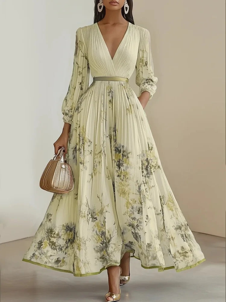 Women's Pleated Dress New Spring Autumn Florat Printed Deep V-neck Long-sleeved Fashion Maxi Elegant Party Dresses For Women