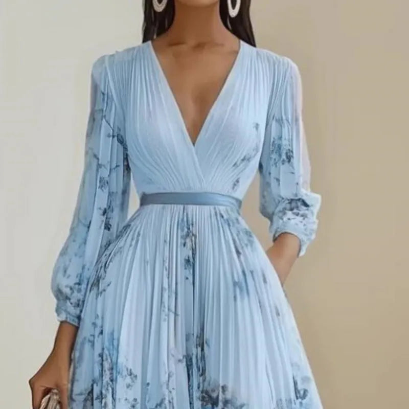 Women's Pleated Dress New Spring Autumn Florat Printed Deep V-neck Long-sleeved Fashion Maxi Elegant Party Dresses For Women