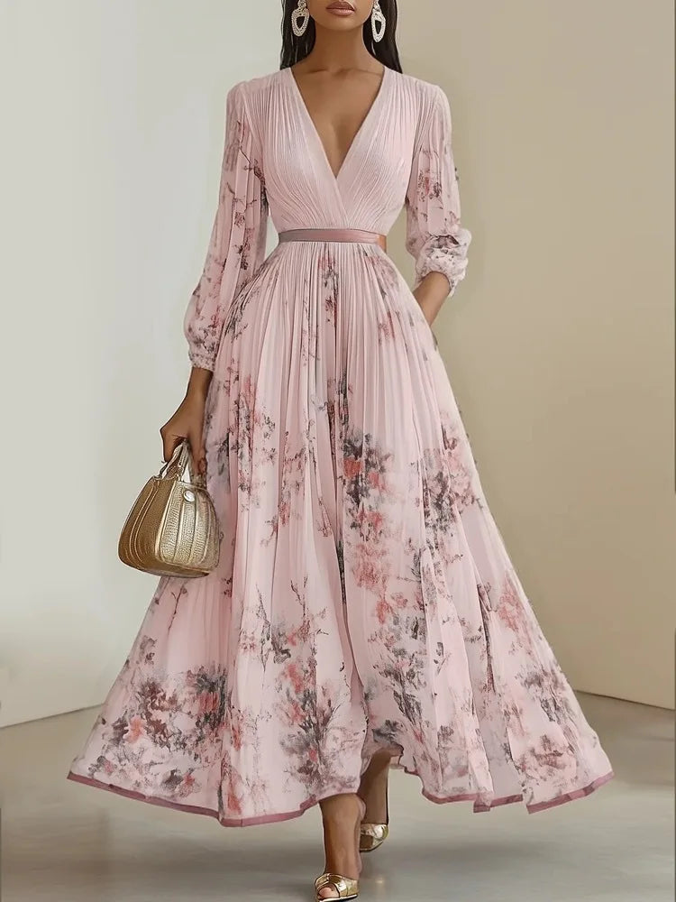 Women's Pleated Dress New Spring Autumn Florat Printed Deep V-neck Long-sleeved Fashion Maxi Elegant Party Dresses For Women