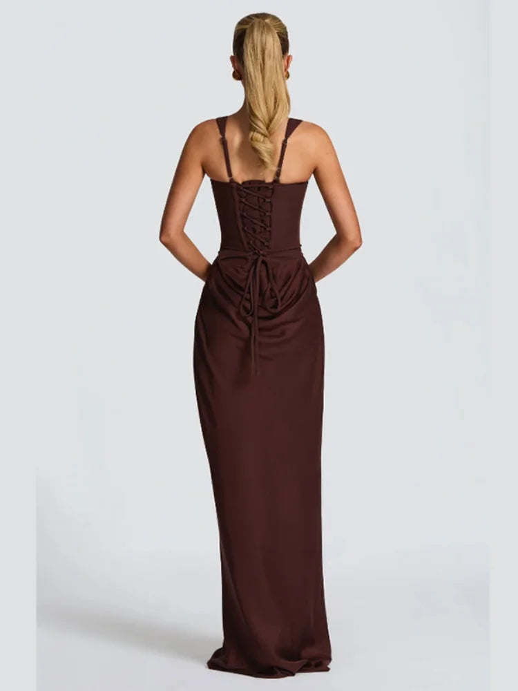 Lady Elegant Pleated Sling Dresses Solid Square Neck Sleeveless Off-shoulder Waist Cinching Dress Fashion Evening Party Gowns