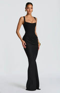 Lady Elegant Pleated Sling Dresses Solid Square Neck Sleeveless Off-shoulder Waist Cinching Dress Fashion Evening Party Gowns