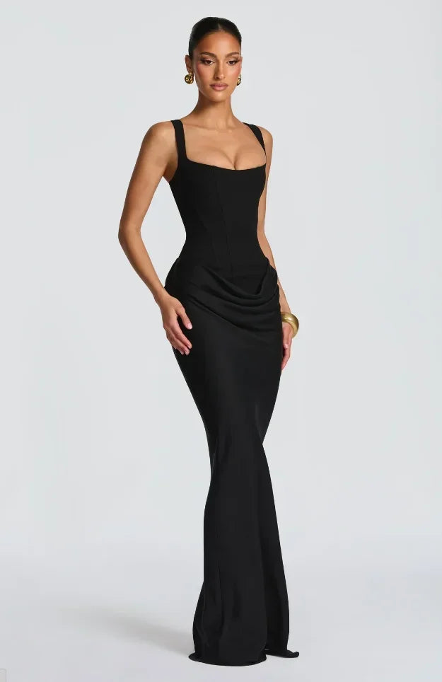 Lady Elegant Pleated Sling Dresses Solid Square Neck Sleeveless Off-shoulder Waist Cinching Dress Fashion Evening Party Gowns