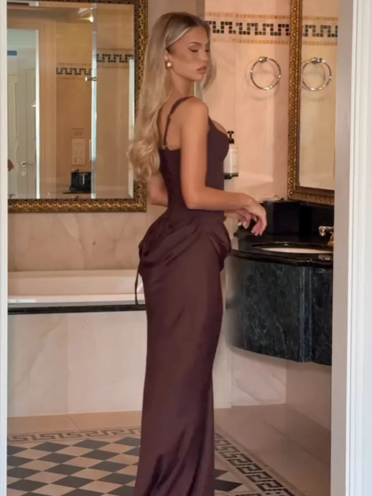 Lady Elegant Pleated Sling Dresses Solid Square Neck Sleeveless Off-shoulder Waist Cinching Dress Fashion Evening Party Gowns