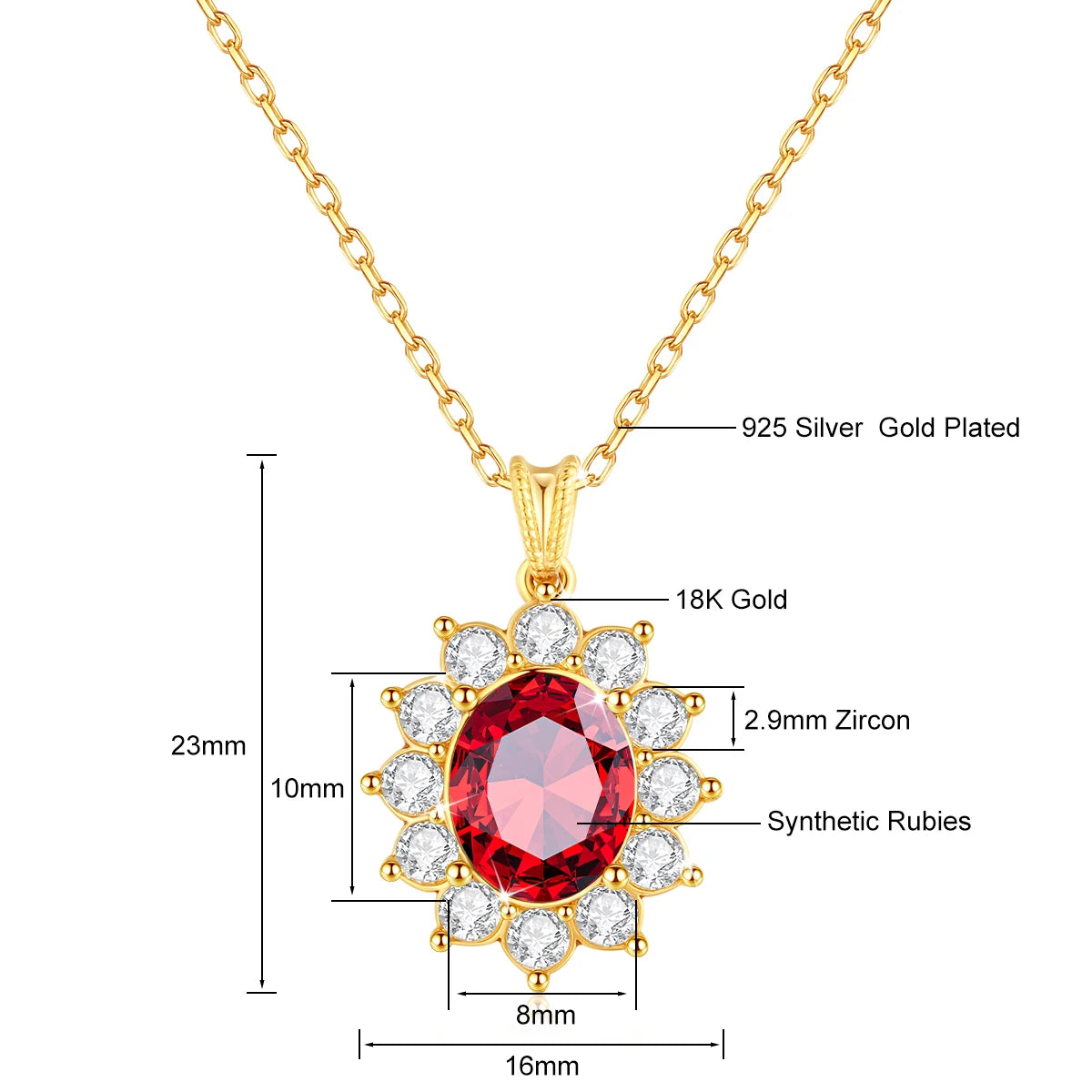100% 18K Gold Blue Sapphire Pendant AU750 Ruby/Emerald Gemstone Necklace Chain for Women