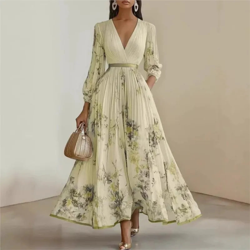 Women's Pleated Dress New Spring Autumn Florat Printed Deep V-neck Long-sleeved Fashion Maxi Elegant Party Dresses For Women