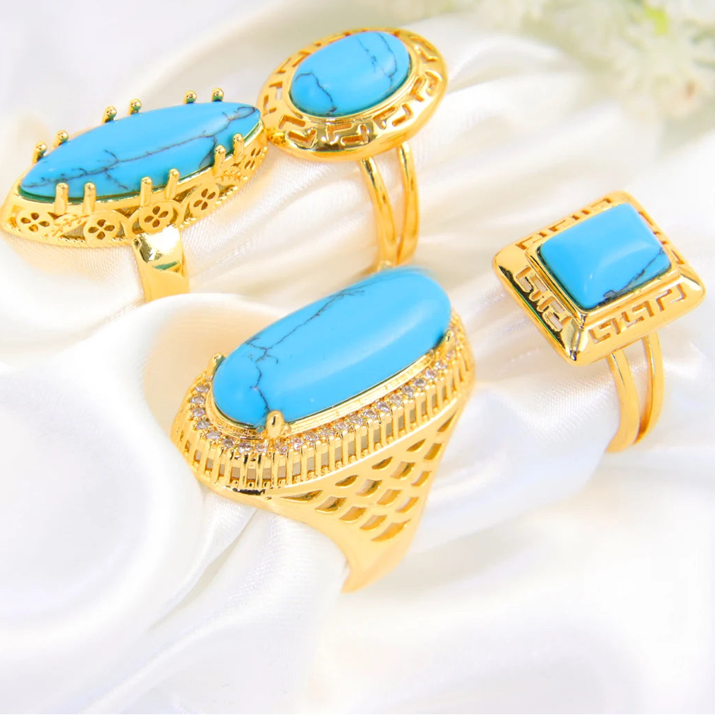 Ethiopia Fashion Turquoise Rings 21k Gold Plated