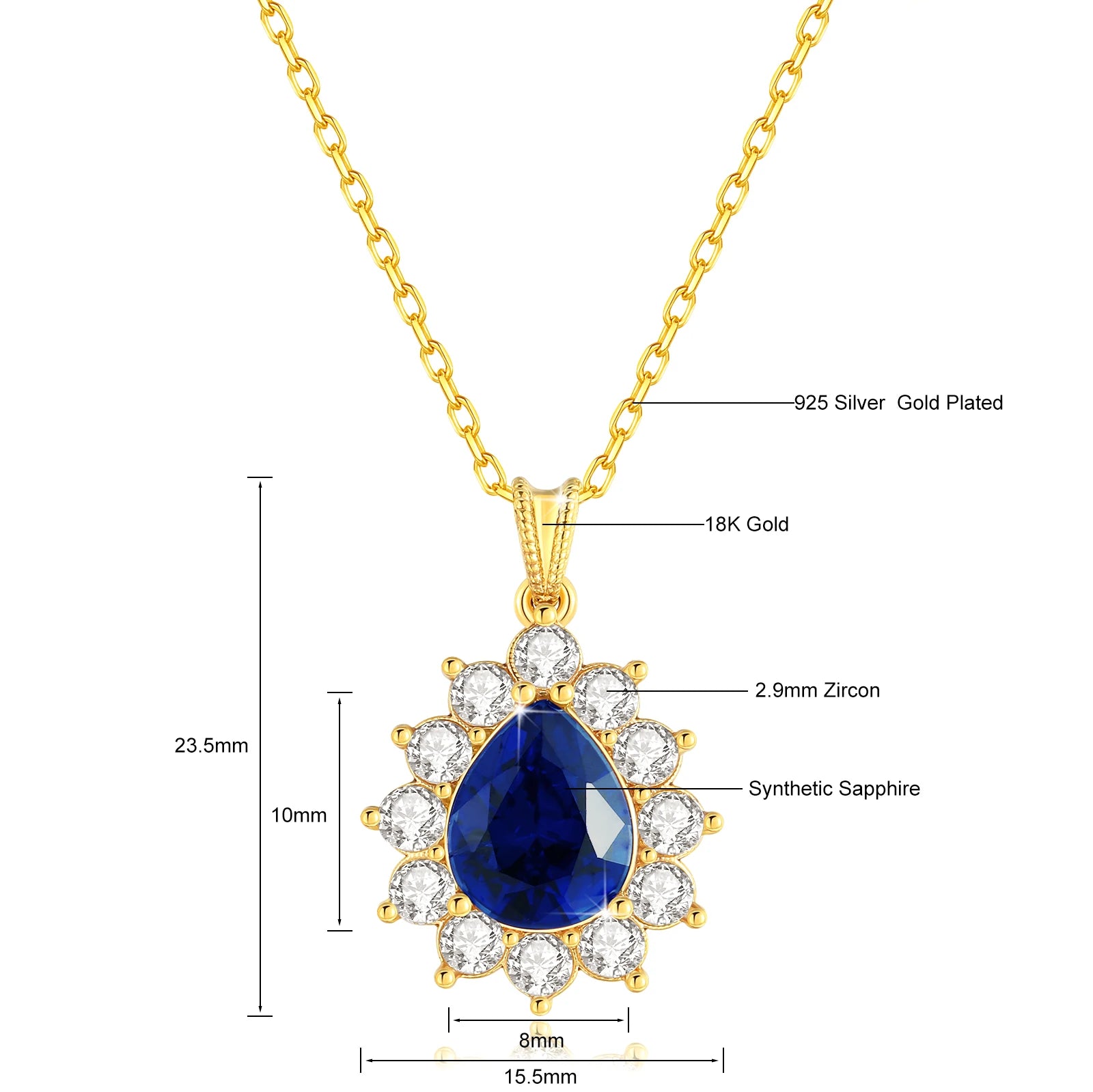 100% 18K Gold Blue Sapphire Pendant AU750 Ruby/Emerald Gemstone Necklace Chain for Women