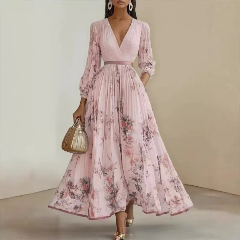Women's Pleated Dress New Spring Autumn Florat Printed Deep V-neck Long-sleeved Fashion Maxi Elegant Party Dresses For Women