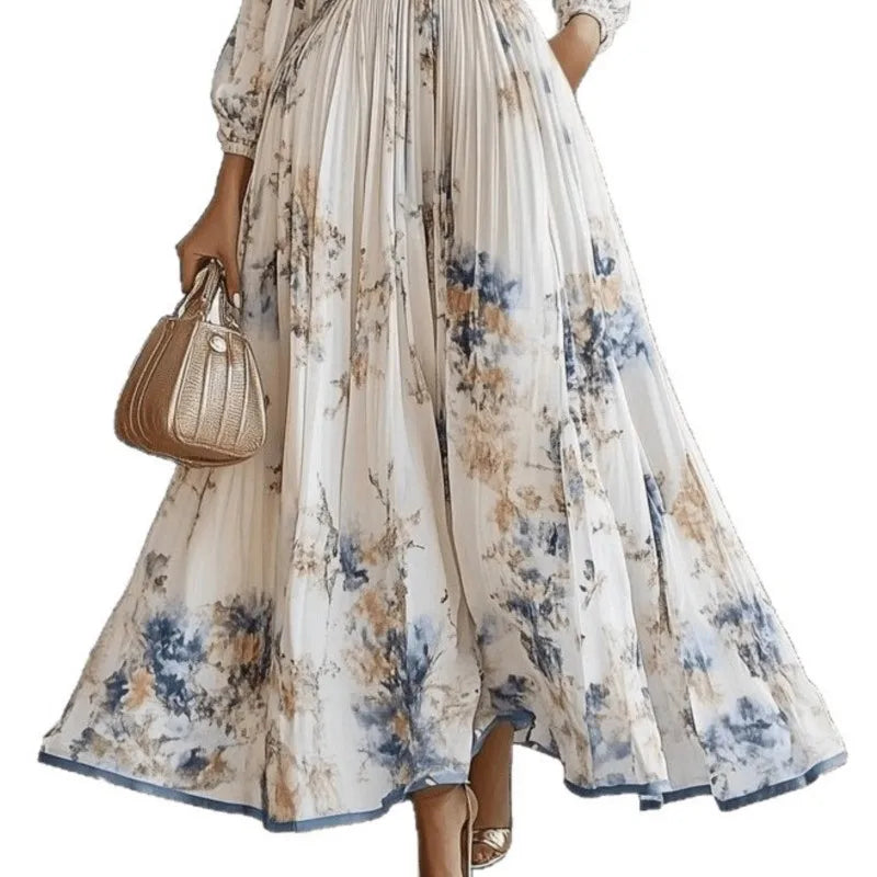 Women's Pleated Dress New Spring Autumn Florat Printed Deep V-neck Long-sleeved Fashion Maxi Elegant Party Dresses For Women