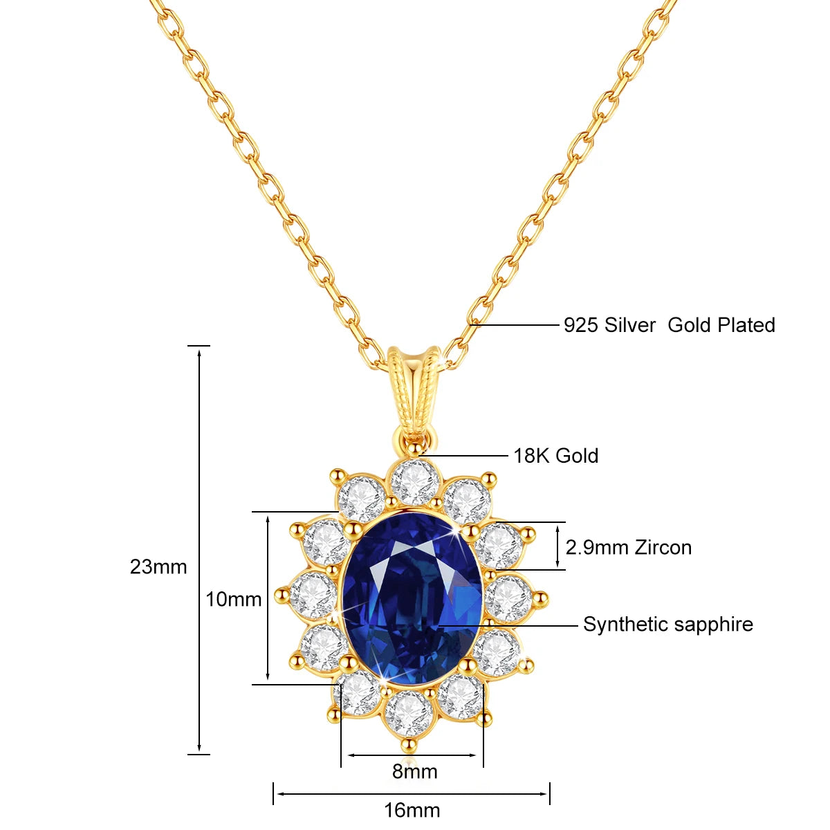 100% 18K Gold Blue Sapphire Pendant AU750 Ruby/Emerald Gemstone Necklace Chain for Women
