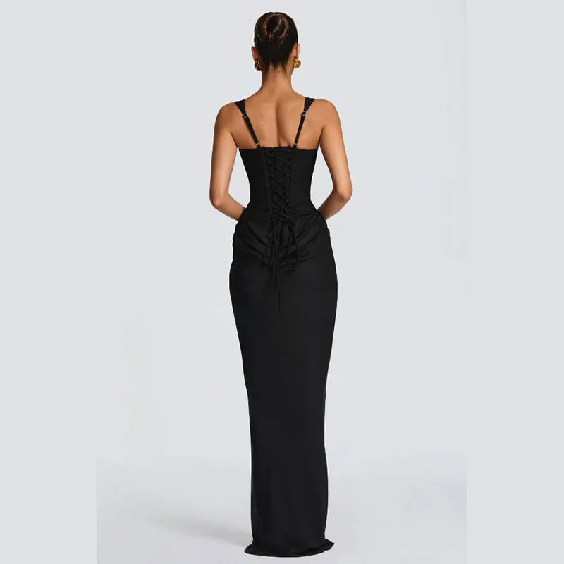 Lady Elegant Pleated Sling Dresses Solid Square Neck Sleeveless Off-shoulder Waist Cinching Dress Fashion Evening Party Gowns