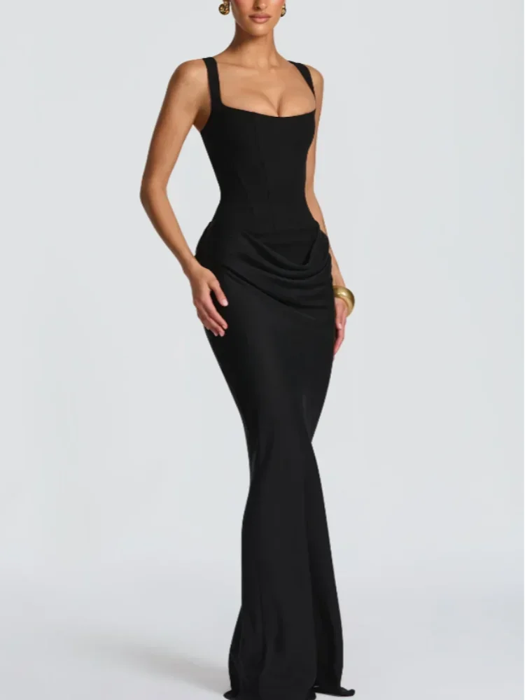 Lady Elegant Pleated Sling Dresses Solid Square Neck Sleeveless Off-shoulder Waist Cinching Dress Fashion Evening Party Gowns