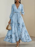 Women's Pleated Dress New Spring Autumn Florat Printed Deep V-neck Long-sleeved Fashion Maxi Elegant Party Dresses For Women