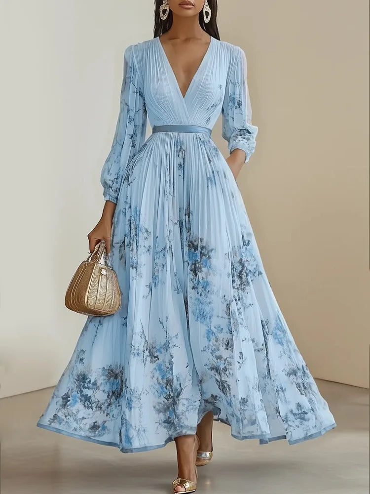Women's Pleated Dress New Spring Autumn Florat Printed Deep V-neck Long-sleeved Fashion Maxi Elegant Party Dresses For Women