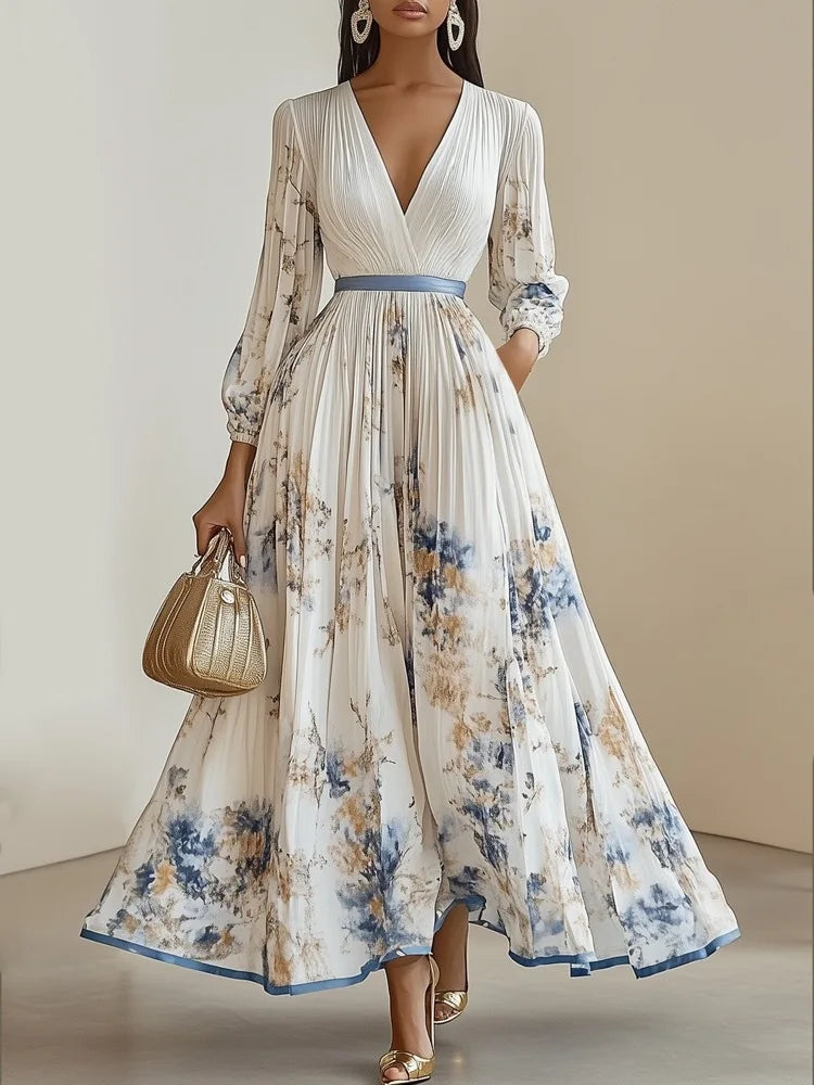 Women's Pleated Dress New Spring Autumn Florat Printed Deep V-neck Long-sleeved Fashion Maxi Elegant Party Dresses For Women