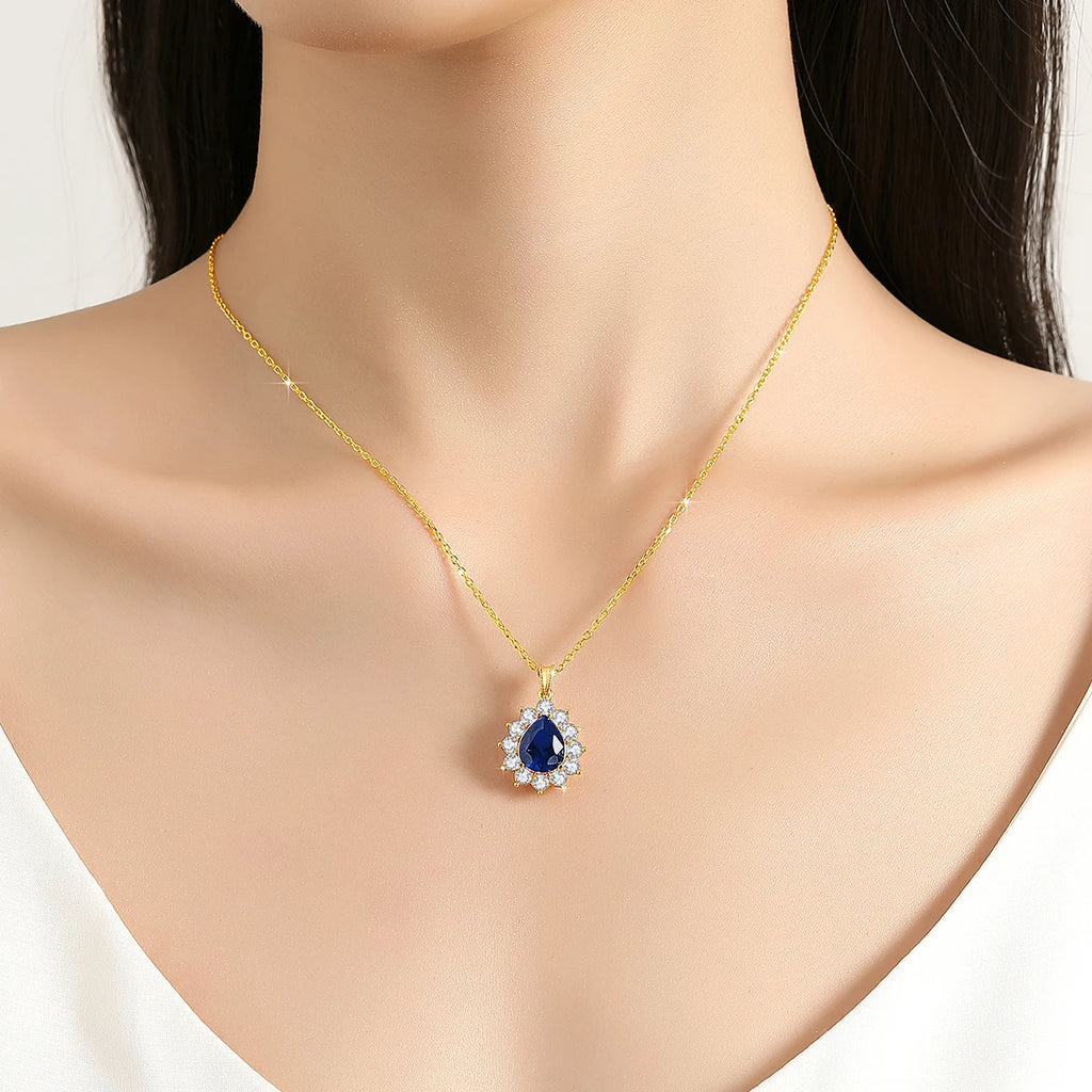100% 18K Gold Blue Sapphire Pendant AU750 Ruby/Emerald Gemstone Necklace Chain for Women
