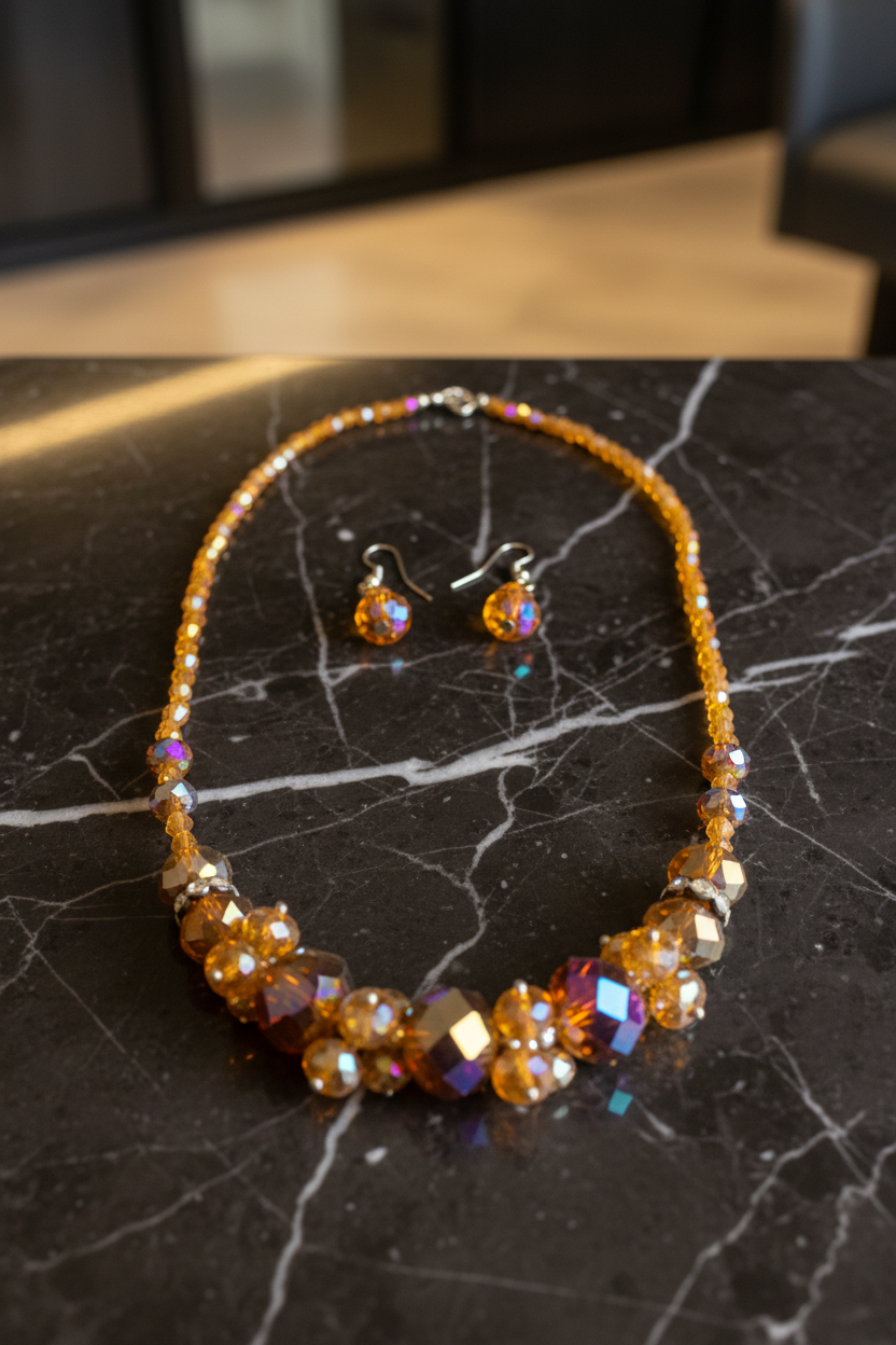 Brown Crystal Necklace & Earrings Set