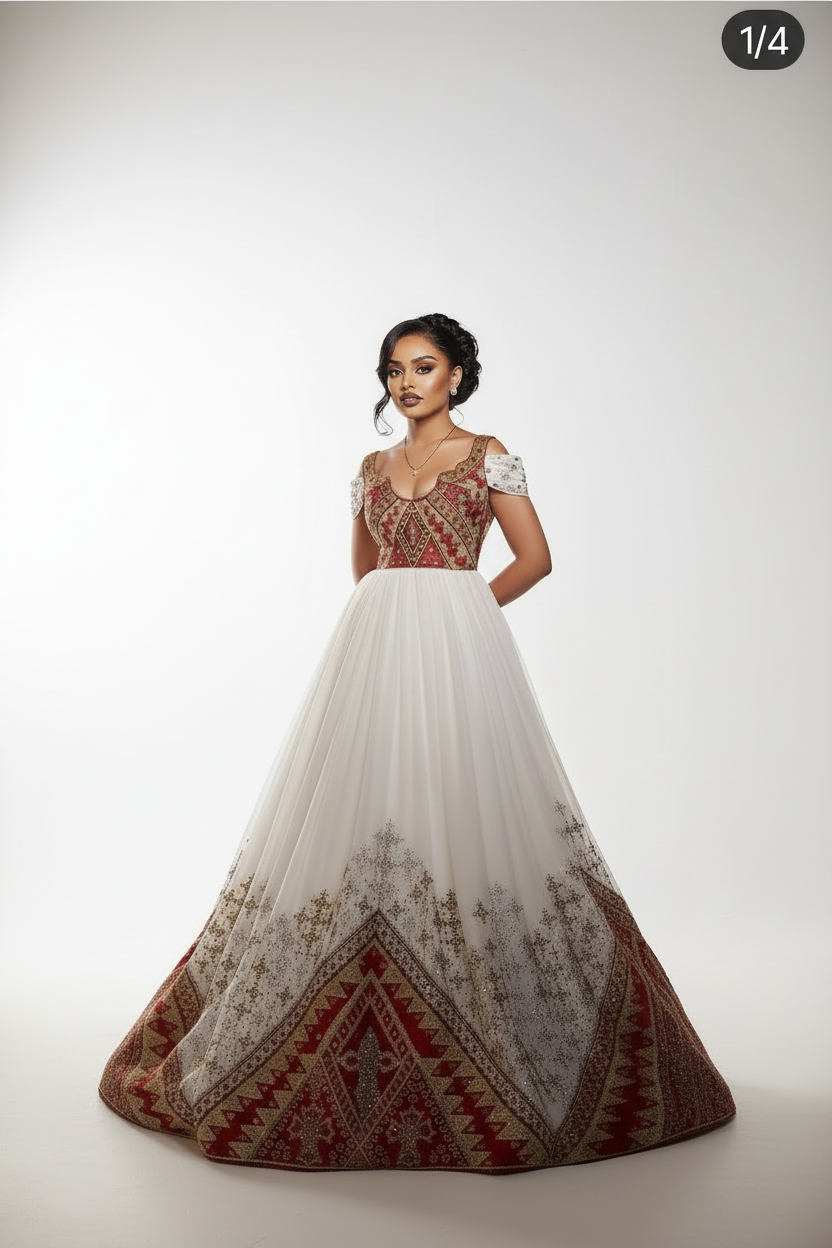 White Habesha Ball Gown with Red & Gold Embroidery #003