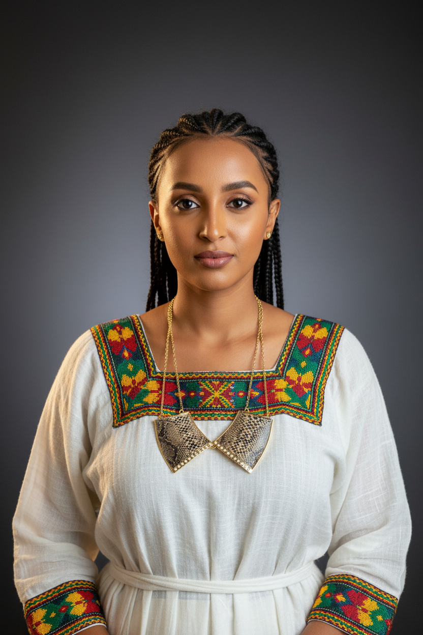 Habesha Woman Wearing Snake Shield Necklace