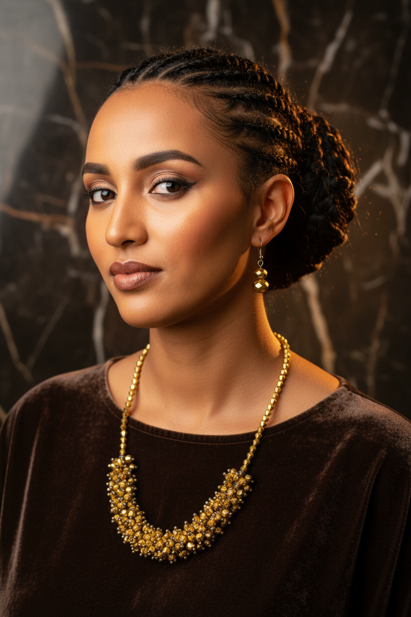 Habesha Woman with Gold Crystal Necklace & Earrings