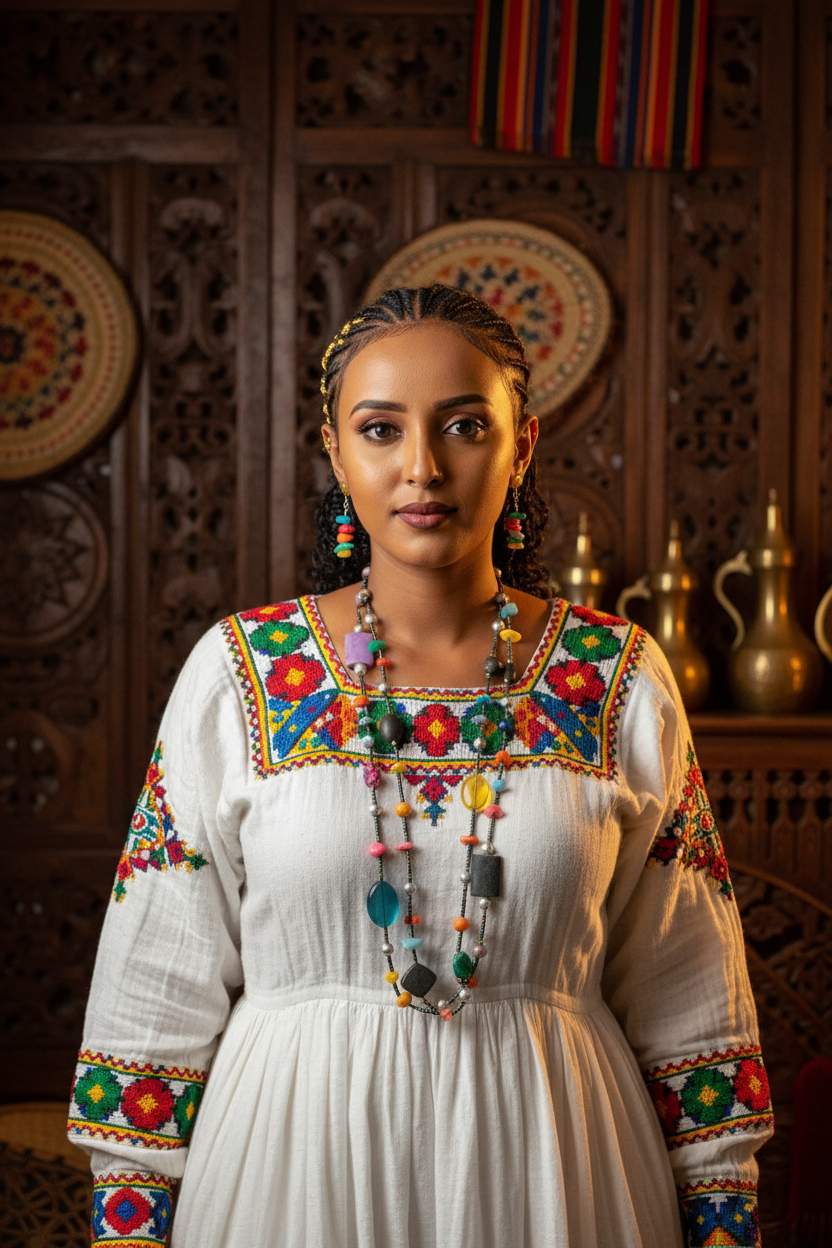 Habesha Woman with Multicolor Beaded Jewelry