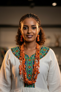 Habesha Woman with Orange Coral Necklace - Neutral Background