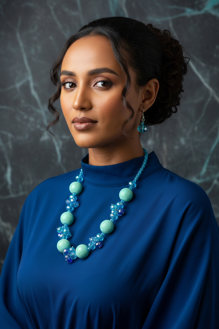 Habesha Woman with Turquoise Crystal Necklace & Earrings