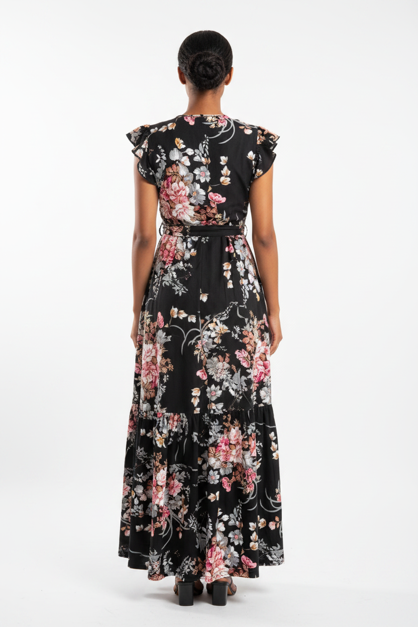 Women's Black Printed Flower Long Dress