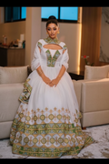 White Habesha Kemis with Green & Gold Embroidery #002