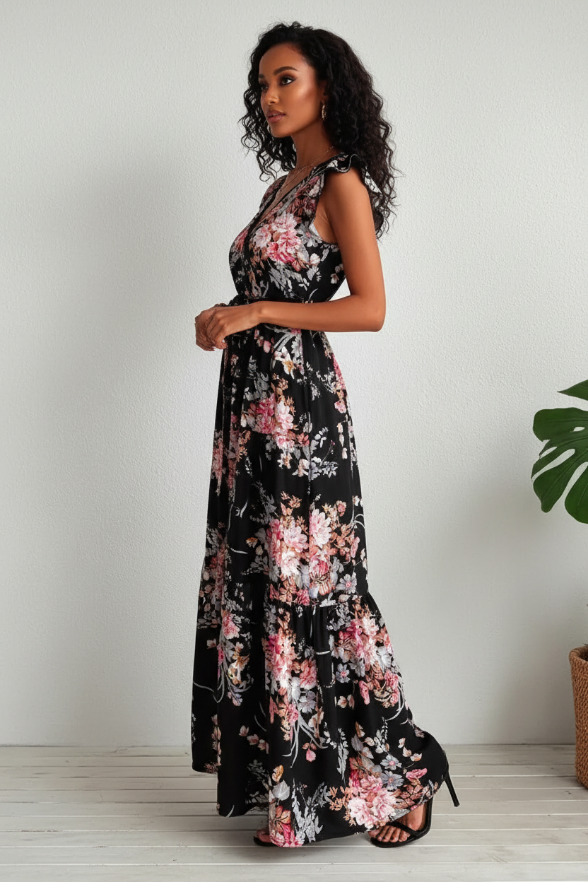 Women's Black Printed Flower Long Dress