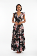 Women's Black Printed Flower Long Dress