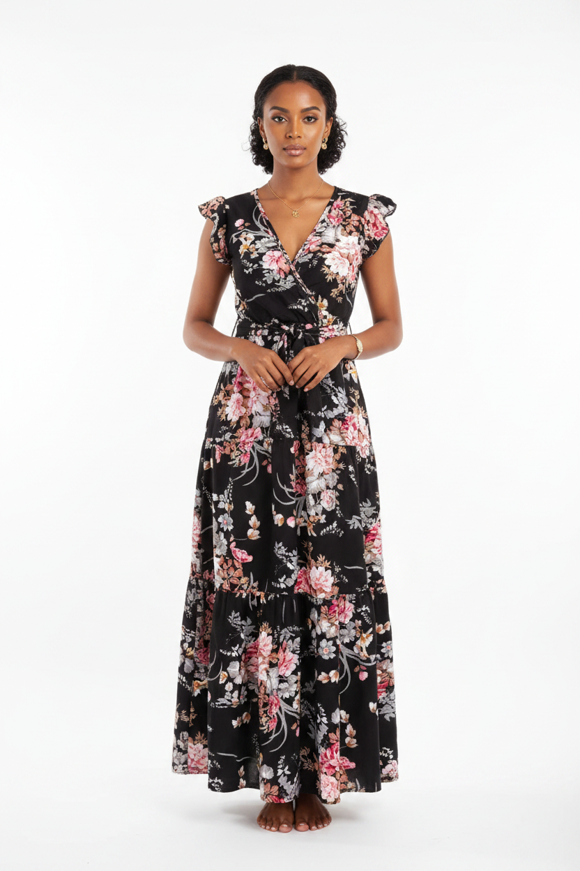 Women's Black Printed Flower Long Dress
