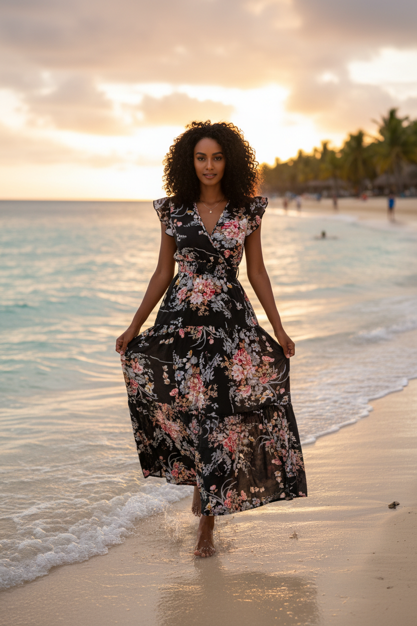 Women's Black Printed Flower Long Dress