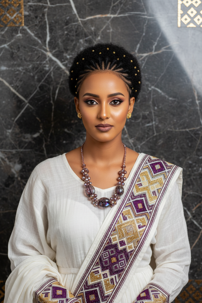 Purple Crystal Necklace on Habesha Woman
